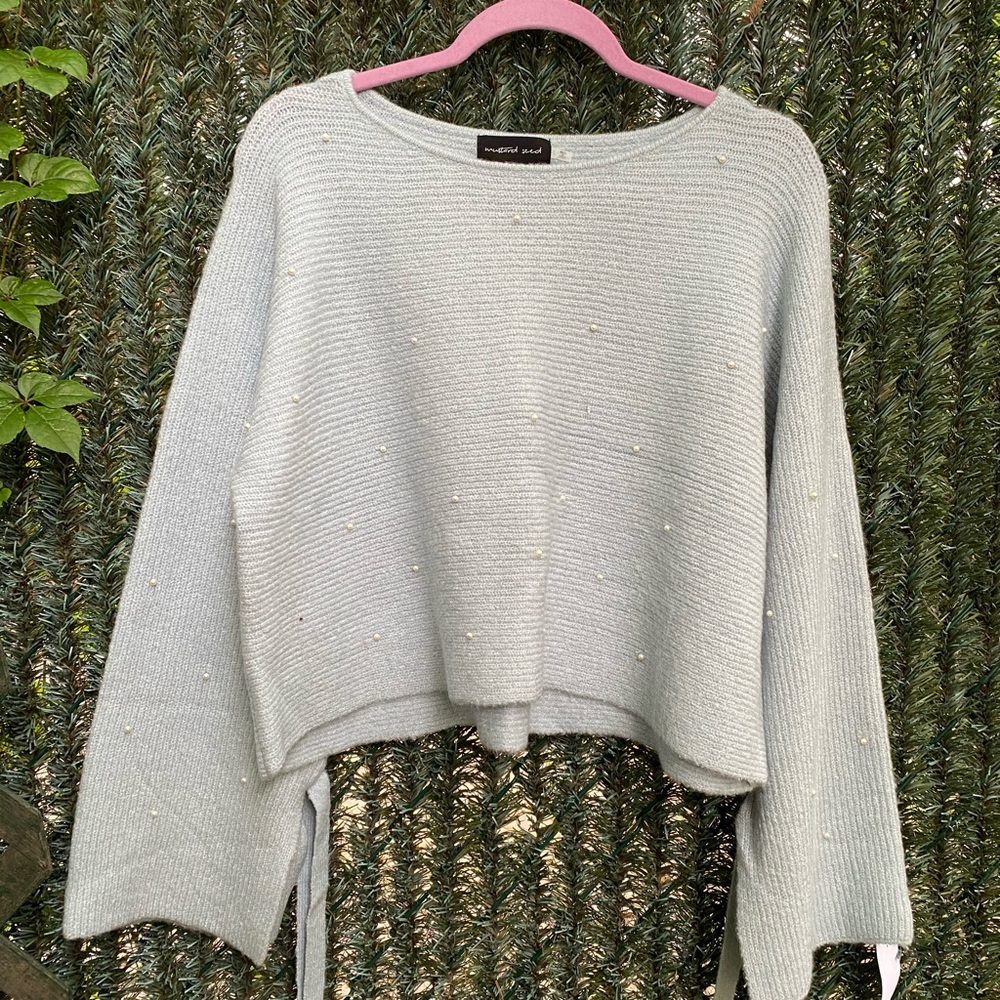 Baby Blue Beaded Cropped Flowy Sweater